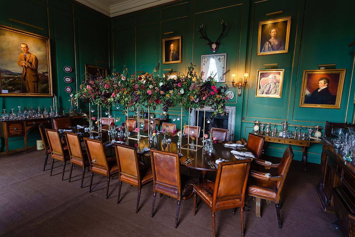 Autumn flowers table setting in Glemham Hall dining room