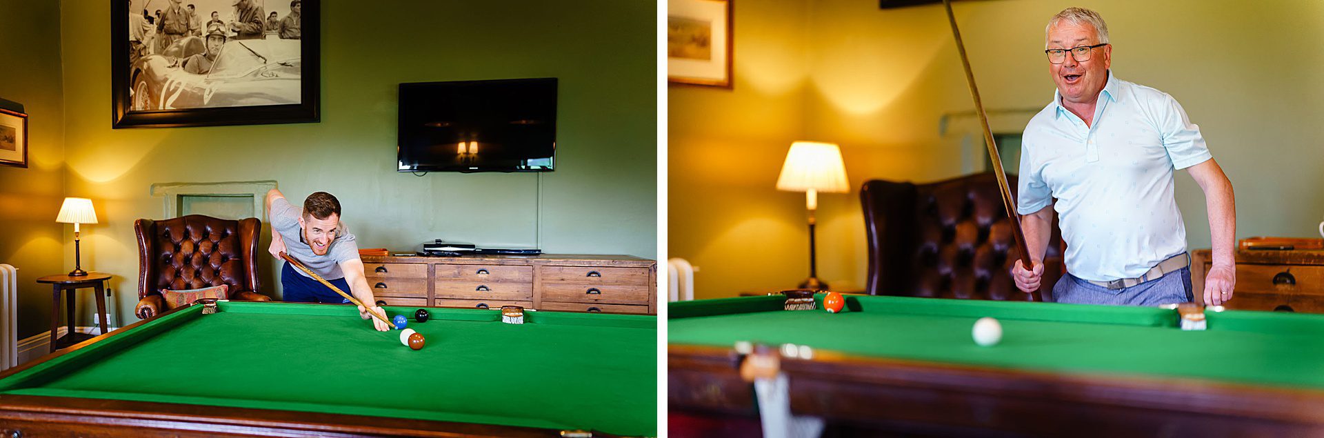Groom and father of the bride playing pool at Bruisyard Hall