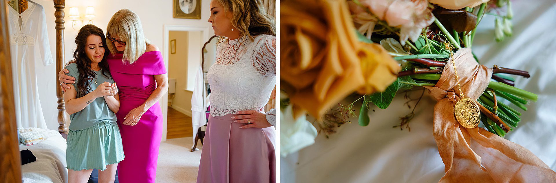 Personal pendant tied to a bouquet at Bruisyard Hall spring wedding
