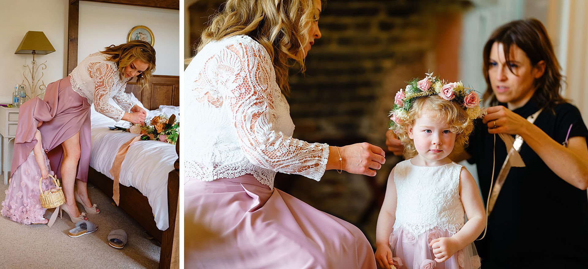 cheeky flower girl getting ready for a Bruisyard Hall spring wedding