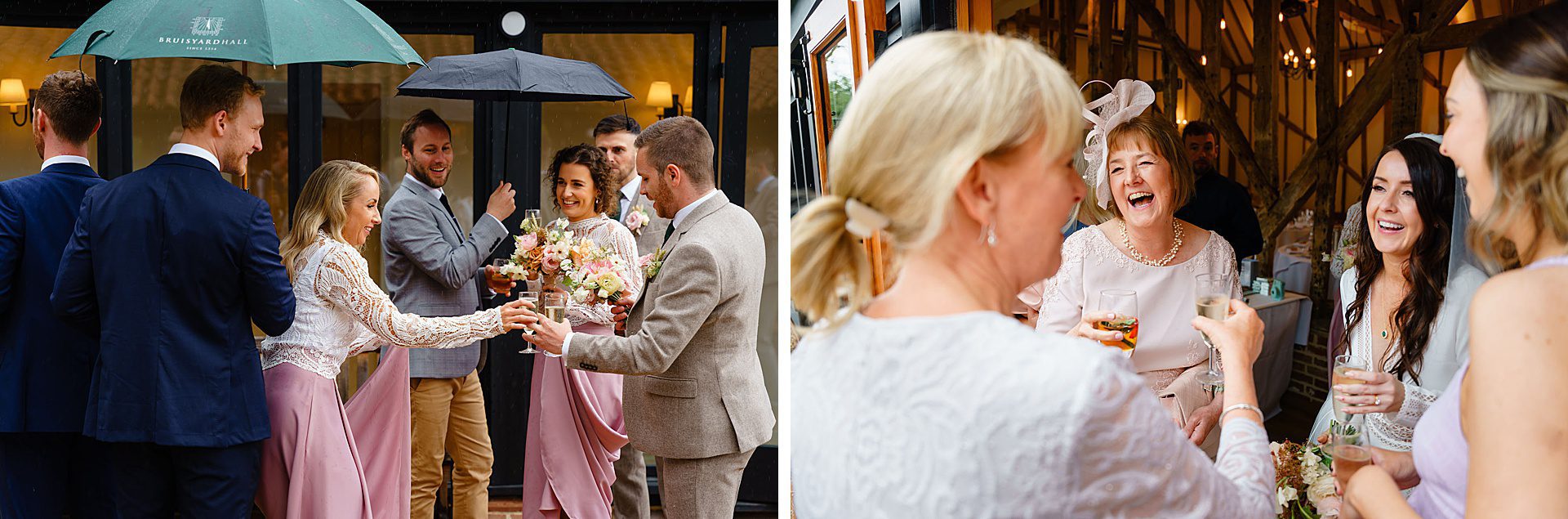 guests avoiding the drizzle at the wedding barn