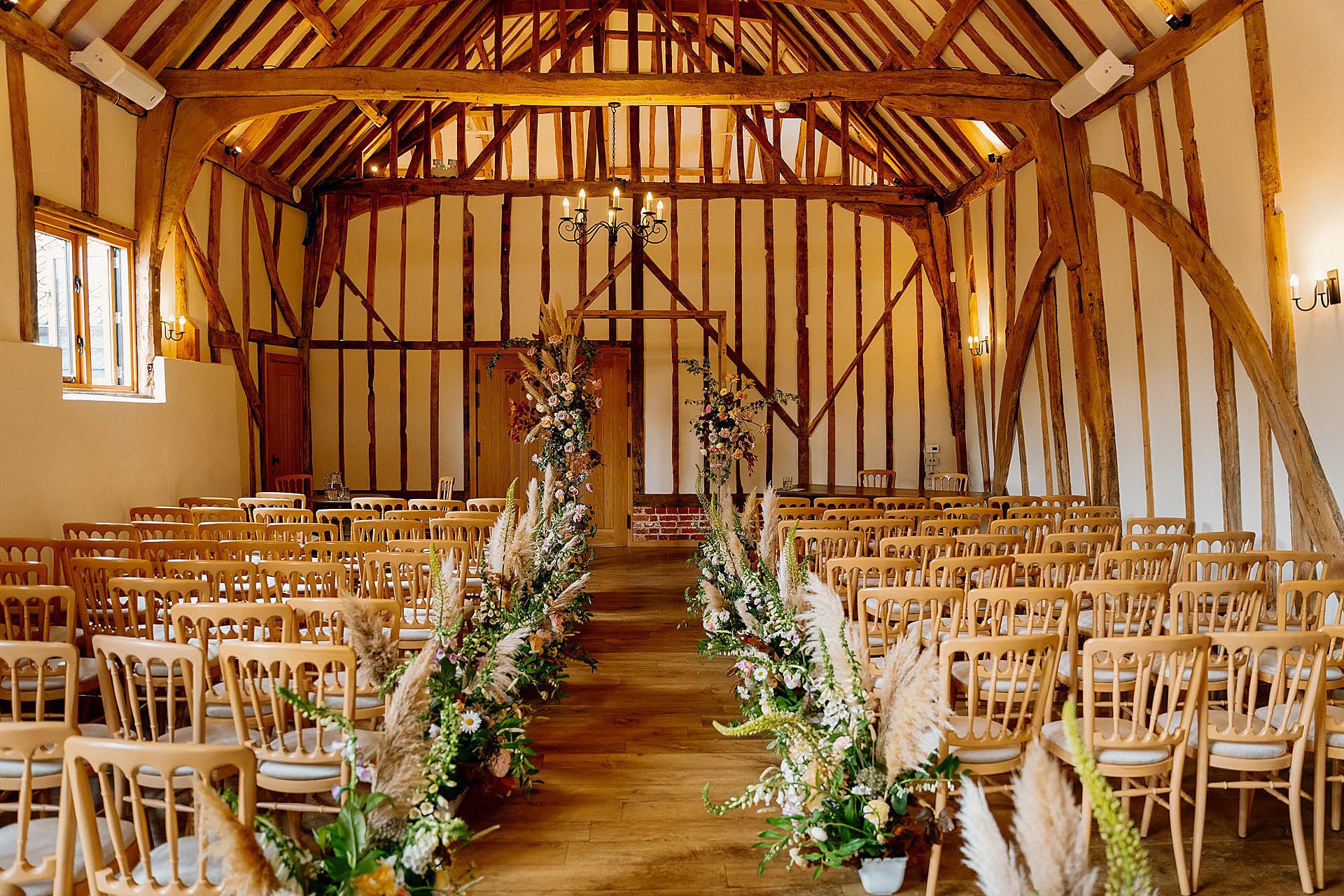 Spring flowers at wedding barn at Bruisyard Hall