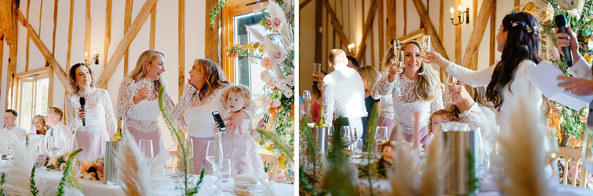 Bridesmaids giving speech at Bruisyard barn wedding