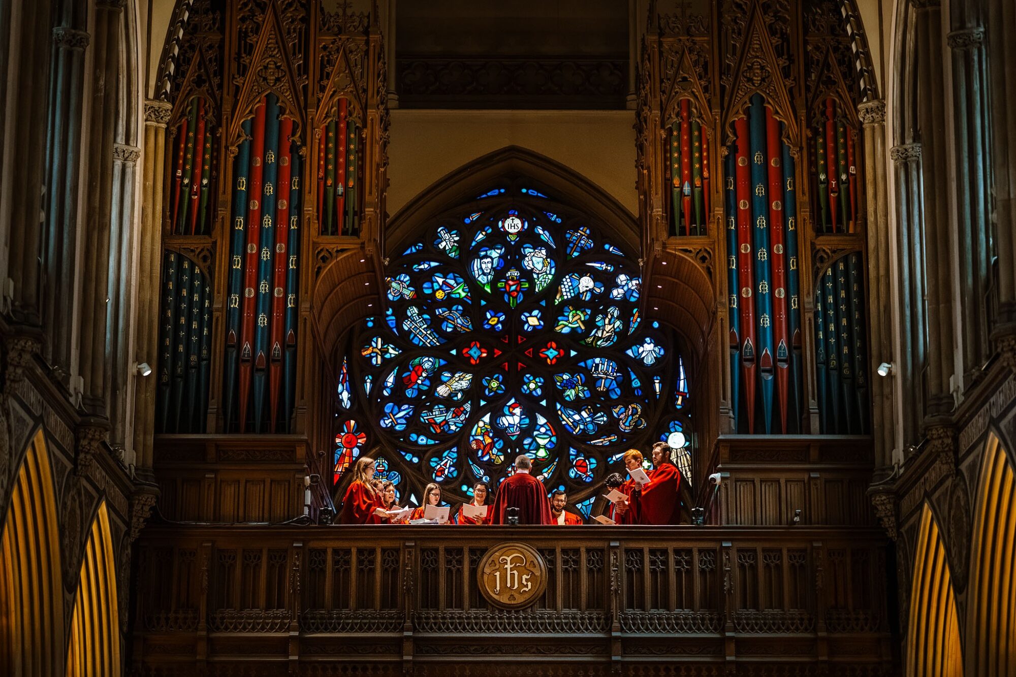 the choir at a Farm Street Church wedding in winter